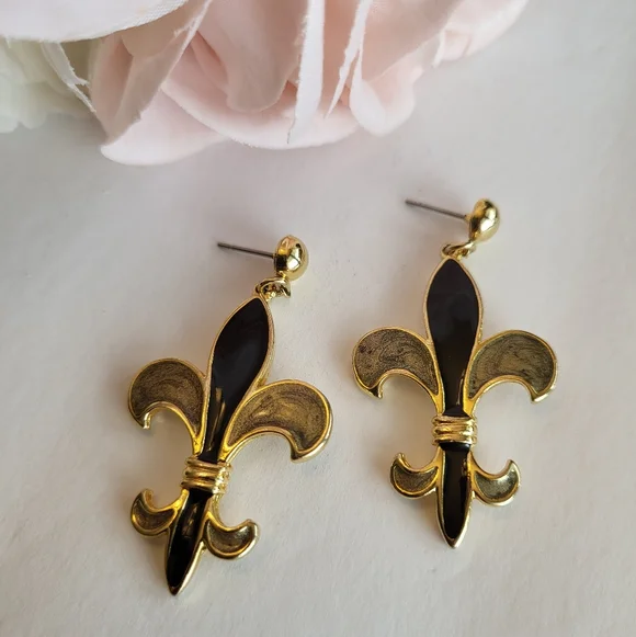 Fleur De Lis Drop Earrings Black Gold Enamel Mardi Gras Saints Fan Jewelry 2" - Picture 7 of 11